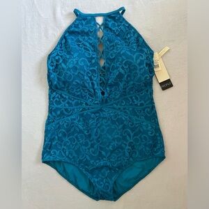 NWT Profile by Gottex One Piece Swimsuit Size 22W High Neck Lace Blue Peacock